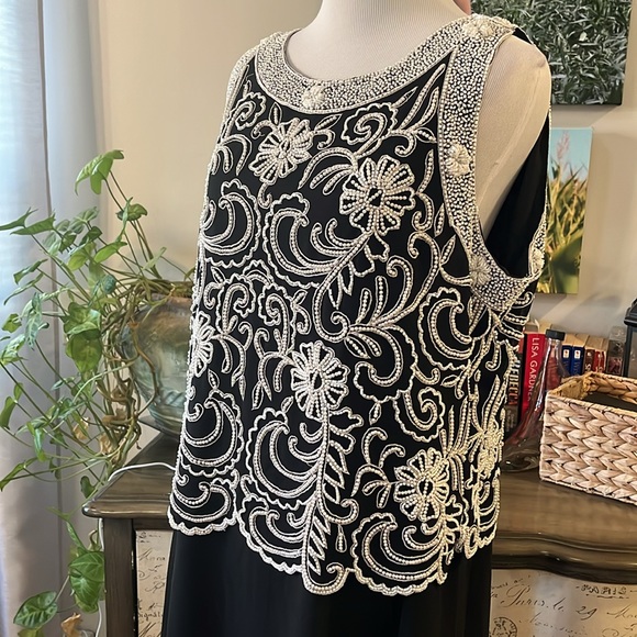 J KARA FLORAL BEADED FORMAL MAXI DRESS BLACK WHITE PLUS SIZE 16P NEW WITH TAGS - Picture 4 of 13